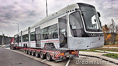 Tramway on semi-trailer. Operated by Panas company. Editorial Stock Photo