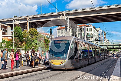 Tramway at the stop in Nice, France. Editorial Stock Photo