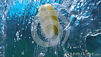 Tranche de citron tombant en cascade de cascade de l'eau avec l'éclaboussure dans le tir à grande vitesse aux fps 1500 banque de vidéos Tranche de citron tombant en cascade de cascade de l'eau avec l'éclaboussure dans le tir à grande vitesse aux fps 1500 banque de vidéos