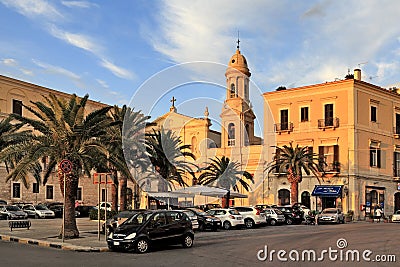 Trani, Italy - Panoramic view of Trani old town quarter with Piazza Pietro Tiepolo square and the baroque Carmelite church - Editorial Stock Photo