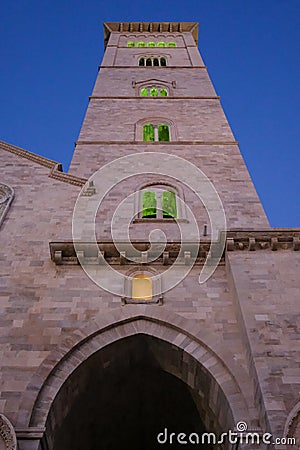 Trani Italy. The tower of the medieval Cathedral at Trani, built in limestone, located next to the port on the sea front. Editorial Stock Photo