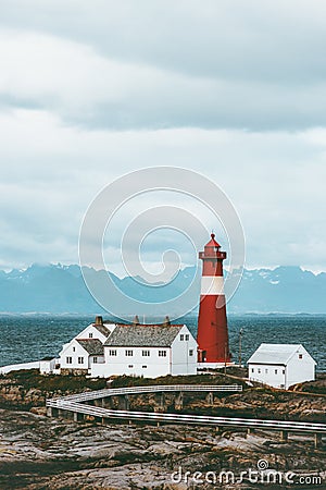 Tranoy Lighthouse Norway Landscape sea and mountains on background Travel scandinavian Stock Photo