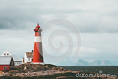 Tranoy Lighthouse Norway Landscape sea and mountains on background Travel scenery scandinavian Stock Photo