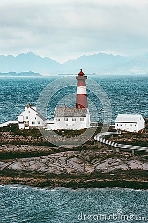 Tranoy Lighthouse Norway Landscape sea and mountains on background Travel Stock Photo