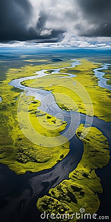 Tranquil Aerial View Of Vibrant Estuary And Serene Landscapes Stock Photo