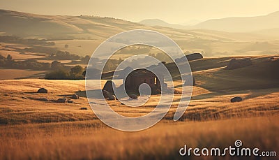 Tranquil autumn dawn on rustic Italian farm, rolling wheat bales generated by AI Stock Photo