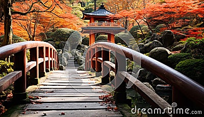 Tranquil autumn forest, Japanese maple, footpath, wooden bridge generated by AI Stock Photo