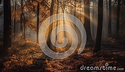 Tranquil autumn forest, mysterious beauty in nature, spooky coniferous tree generated by AI Stock Photo