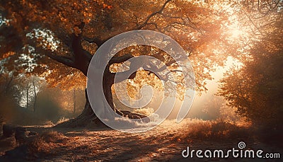 Tranquil autumn forest, mystery in the air generated by AI Stock Photo
