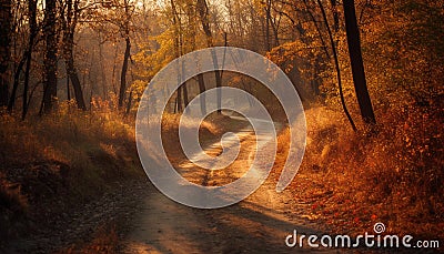 Tranquil autumn forest, vibrant colors vanish ahead generated by AI Stock Photo
