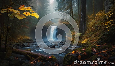Tranquil autumn forest, wet leaves, flowing water generated by AI Stock Photo