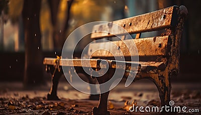 Tranquil autumn sunset on abandoned rustic bench generated by AI Stock Photo