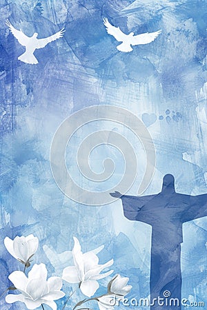 In the tranquil backdrop of an Easter blue and white card, a drawing portrays Jesus with outstretched arms in a sky Stock Photo