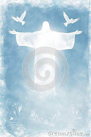In the tranquil backdrop of an Easter blue and white card, a drawing portrays Jesus with outstretched arms in a sky Stock Photo