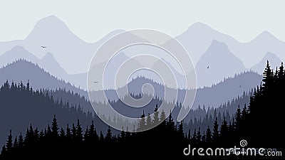 Tranquil backdrop, pine forests, mountains in the background. Dark blue tones Vector Illustration