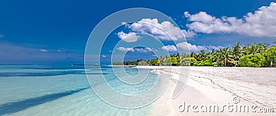 Panoramic tropical landscape, beach shore with palm trees and relaxing lagoon bay. Exotic nature tranquility, sunny blue sky Stock Photo