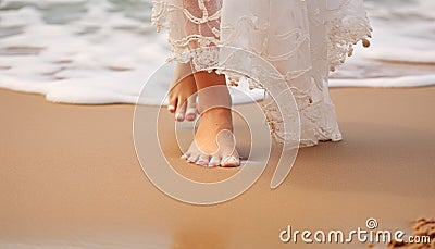 Tranquil beach travel woman gracefully strolling on the sun kissed sandy shore, close up shot Stock Photo