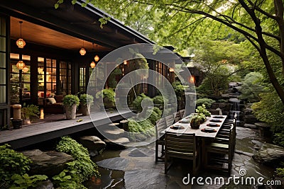 Tranquil Beautiful backyard exterior small house. Generate Ai Stock Photo