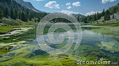 The tranquil beauty of a mountain lake is overshadowed by the presence of bluegreen algae an indicator of a disrupted Stock Photo