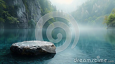 A tranquil blue lake reflecting the serene image of a perfectly balanced yinyang exemplifying the harmony achieved Stock Photo