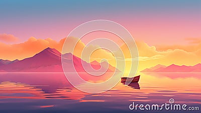 tranquil boat at serene lake at sunset, in style of pink, orange and purple, solitude and calmness concept Stock Photo