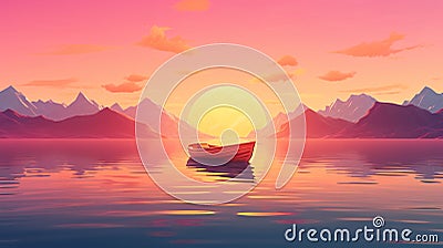 tranquil boat at serene lake at sunset, in style of pink, orange and purple, solitude and calmness concept Stock Photo