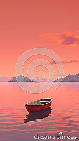 tranquil boat at serene lake at sunset, in style of pink, orange and purple, solitude and calmness concept Stock Photo