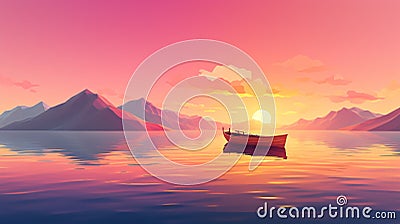 tranquil boat at serene lake at sunset, in style of pink, orange and purple, solitude and calmness concept Stock Photo