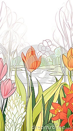Tranquil Botanical Garden with Blooming Flowers AI Generated Cartoon Illustration