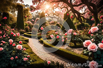 A tranquil botanical garden featuring an exquisite rose garden with a variety of roses in full bloom Stock Photo