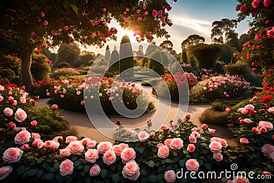 A tranquil botanical garden featuring an exquisite rose garden with a variety of roses in full bloom Stock Photo