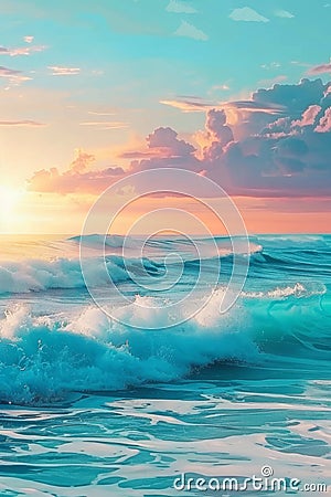 Tranquil coastal sunset colorful sky over ocean waves on panoramic island beach Stock Photo
