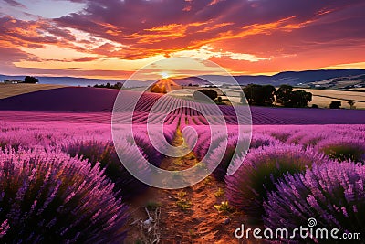 Tranquil countryside impressionist sunset in lavender field with soft purple and golden sky Stock Photo