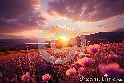Tranquil countryside sunset in lavender field, impressionist style with soft purple and golden sky Stock Photo