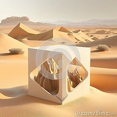 Tranquil desert, geometric sandstone podium surrounded by towering sand dunes AI generation Stock Photo