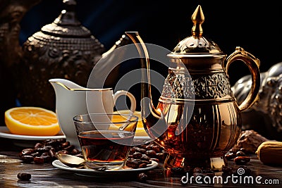 A tranquil desert tableau with an Arab teapot, cup, and sweet dates Stock Photo
