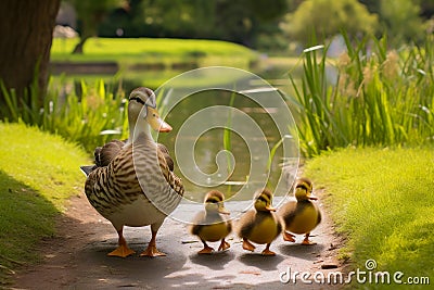 Tranquil Duck Family Strolls Pondside. Stock Photo