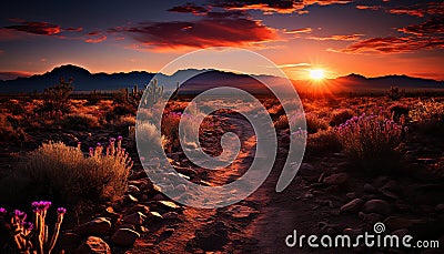 Tranquil dusk, purple sky, mountain range, nature generated by AI Stock Photo