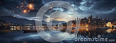 A tranquil dusk setting over a bustling riverfront cityscape, as viewed from a wooden pier. Stock Photo