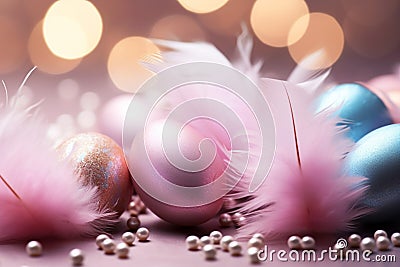 Tranquil Easter backdrop Eggs, feathers, glitter in soft pastels Stock Photo