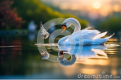 Tranquil Elegance: Swan Gliding Across Lake with Morning Light Reflecting on Intricate Feathers Stock Photo