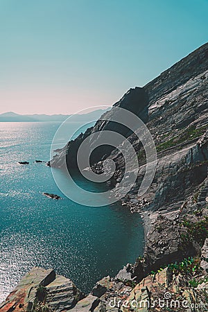 A tranquil escape captured: sea view along the picturesque mountain cliff edges near the Mediterranean Stock Photo