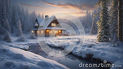 Tranquil Evening at a Two-Story Cabin in a Snowy Forest with Bridge. AI Generated Stock Photo