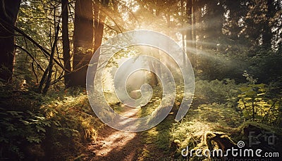 Tranquil forest footpath leads to yellow dawn generated by AI Stock Photo
