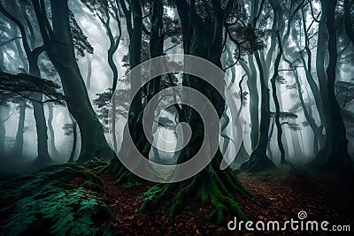 Tranquil Forest: Misty Woodland with Spooky Sunlight Stock Photo