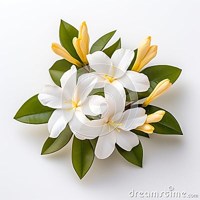 Tranquil Frangipani Flower On White Background: A Humble Charm In The Style Of Hale Woodruff Stock Photo