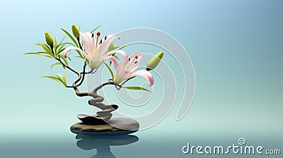 Tranquil Gardenscapes: Bonsai Lily Ornament In Minimalist Style Stock Photo