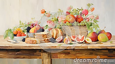 Tranquil Gardenscapes A Rustic Americana Painting Of Fruits On A Table Stock Photo