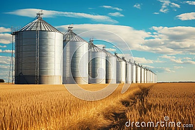 Tranquil Grain silos countryside. Generate Ai Stock Photo