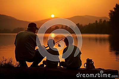 Tranquil Grandfather grandson fishing sunset. Generate Ai Stock Photo